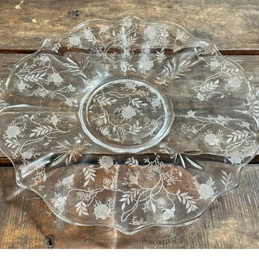Fostoria Chintz Baroque Glass Floral Clear Dessert Plate Platter Vtg Decor MCM